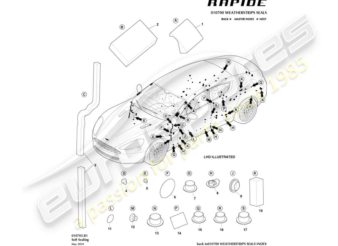 aston martin rapide (2017) teilediagramm für weiche dichtungen