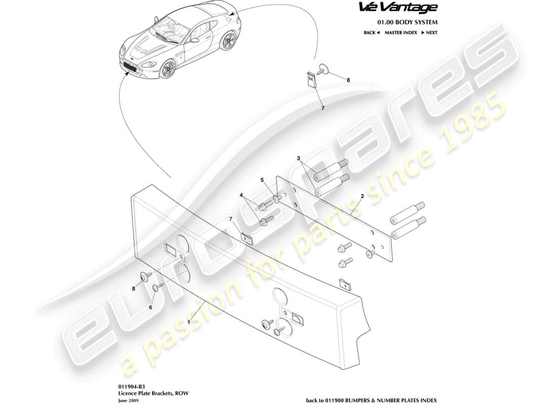 aston martin v12 vantage (2012) nummernschildhalterungen, row-teilediagramm