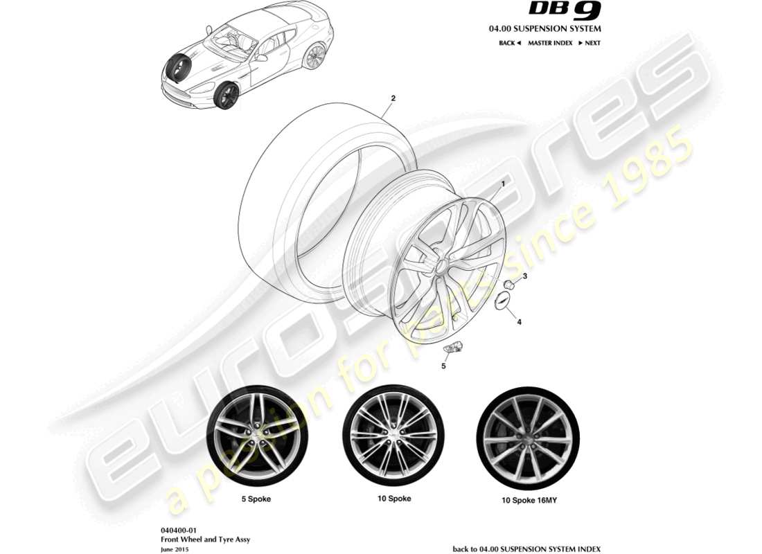 aston martin db9 (2017) räder und reifen, vorderteildiagramm