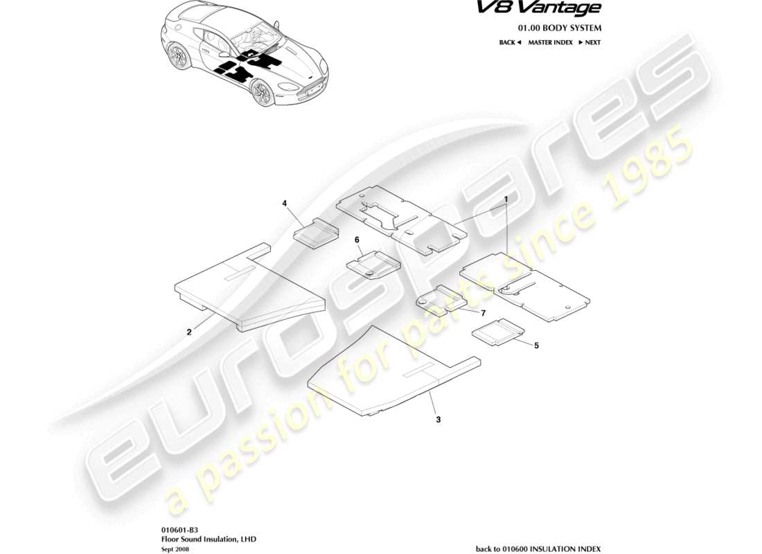 aston martin v8 vantage (2010) bodenschalldämmung, lhd-teilediagramm
