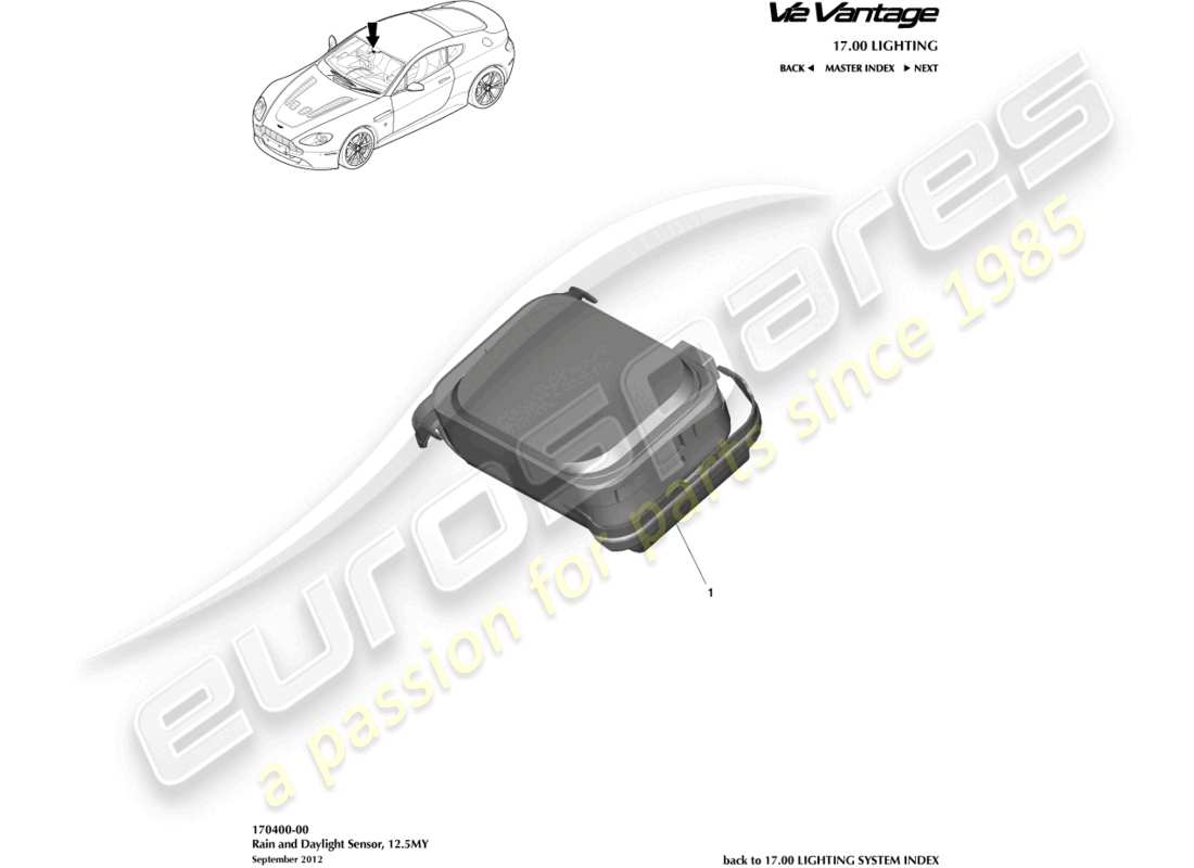 aston martin v12 vantage (2012) teilediagramm des regen- und tageslichtsensors