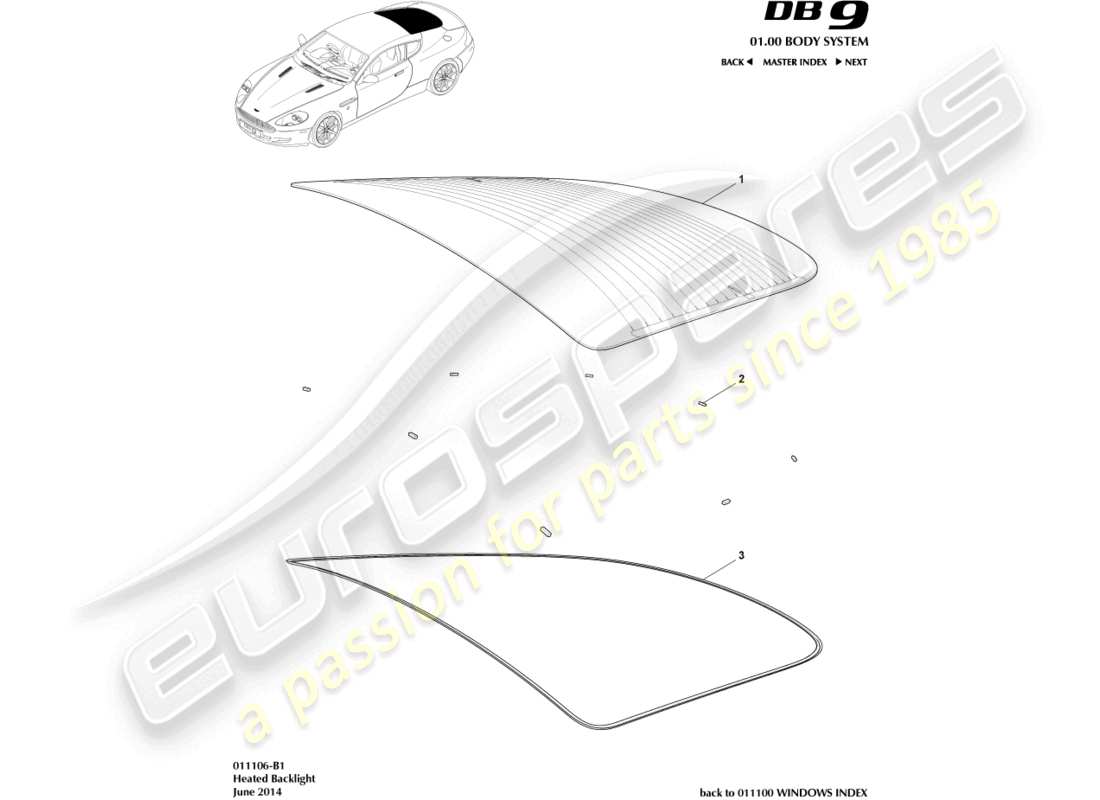 aston martin db9 (2011) heckscheibe teilediagramm
