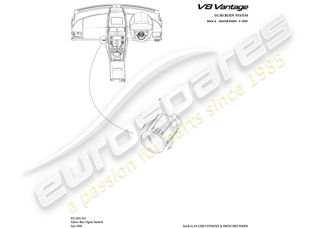 aston martin v8 vantage (2017) teilediagramm für handschuhfachschalter