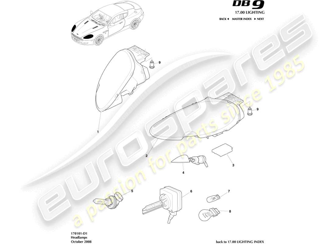 aston martin db9 (2008) scheinwerfer ersatzteildiagramm