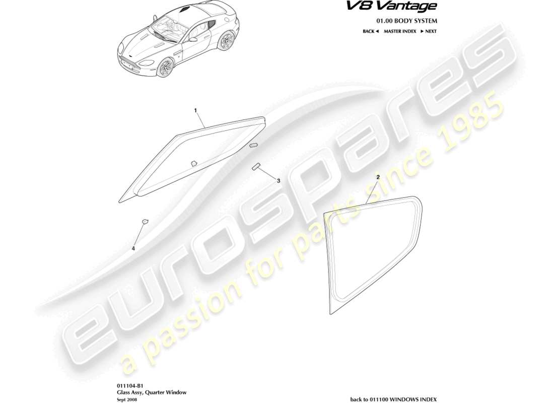 aston martin v8 vantage (2012) hinteres seitenfenster, coupé-teilediagramm