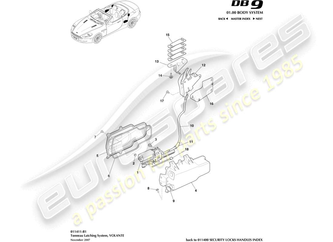 aston martin db9 (2010) teilediagramm des tonneau-verriegelungssystems