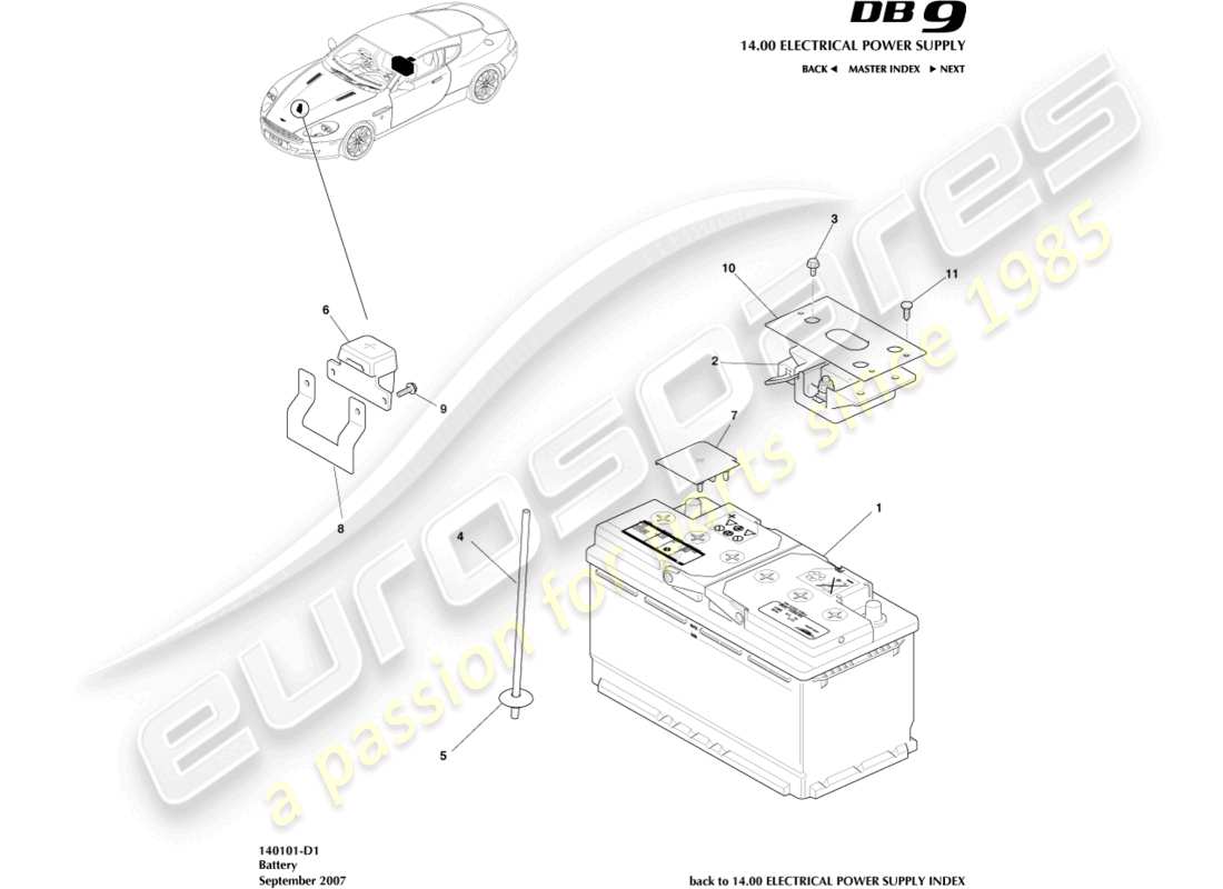 aston martin db9 (2011) batterie teilediagramm