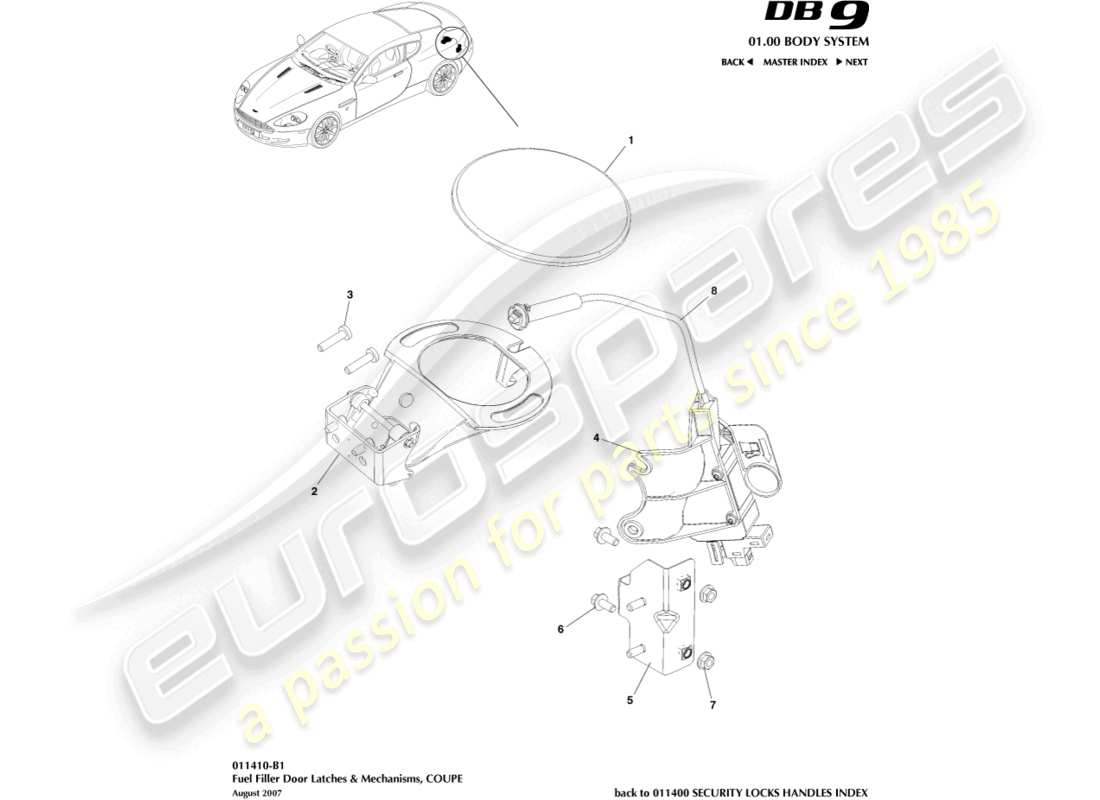aston martin db9 (2011) kraftstoffeinfüllmechanismus, coupé teilediagramm