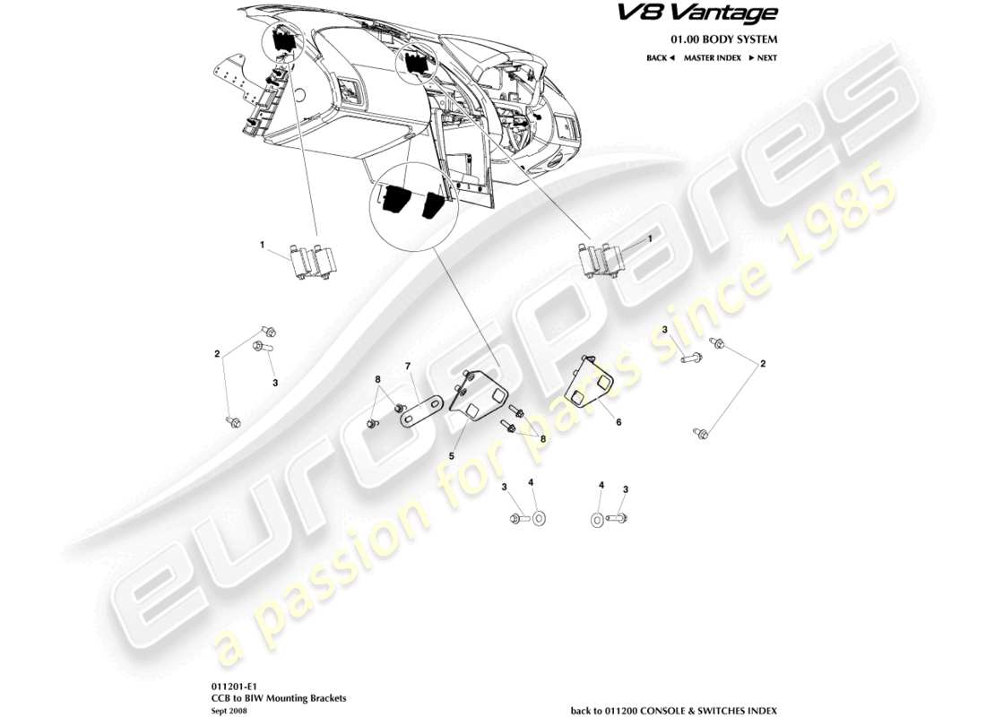 aston martin v8 vantage (2009) teilediagramm für ccb-zu-biw-halterungen
