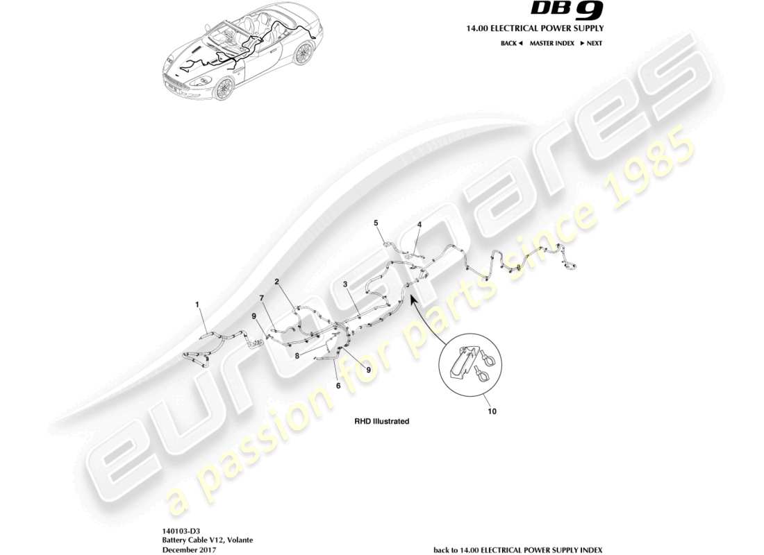 aston martin db9 (2008) batteriekabel, volante-teilediagramm