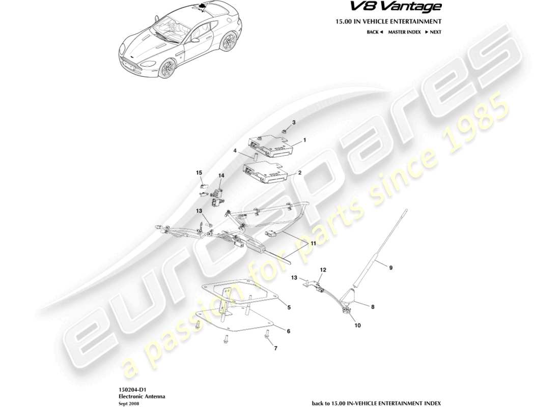 aston martin v8 vantage (2015) teilediagramm für elektronische antenne