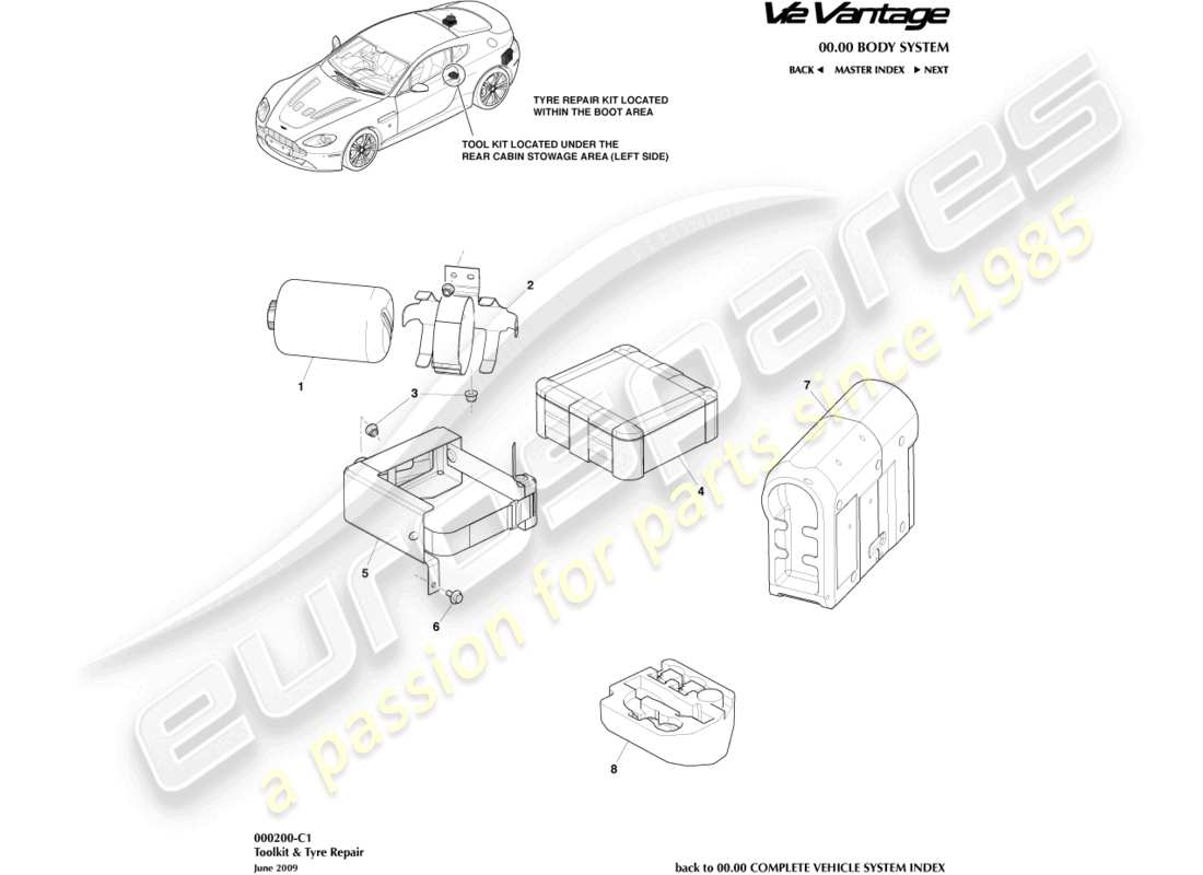 aston martin v12 vantage (2011) teilediagramm für notfallausrüstung