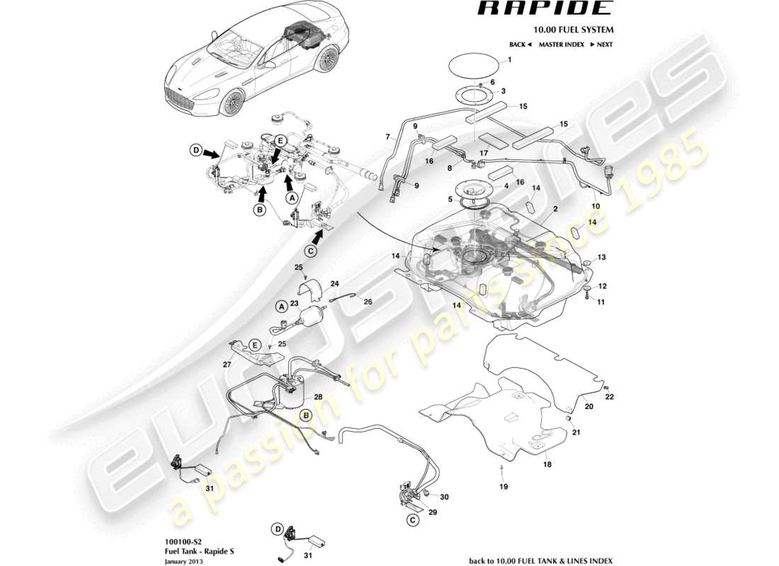 aston martin rapide (2011) kraftstofftankbaugruppe, s-teilediagramm