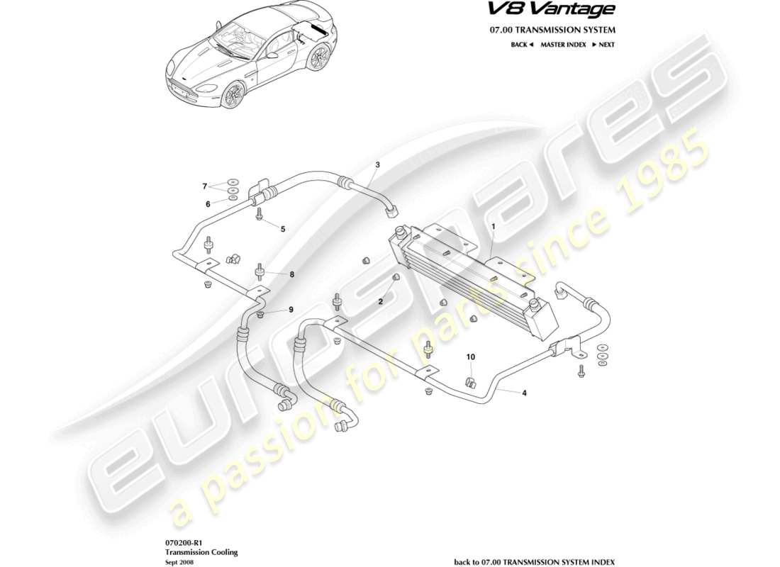 aston martin v8 vantage (2010) teilediagramm des getriebekühlers