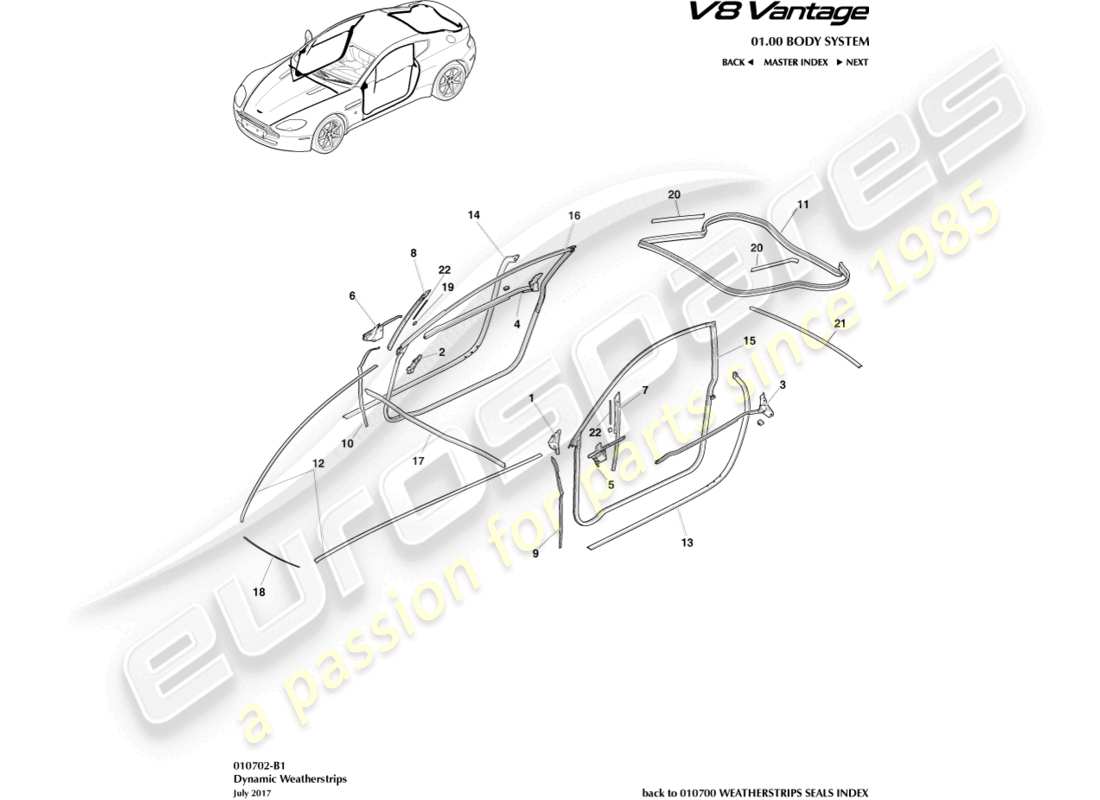 aston martin v8 vantage (2010) dynamische dichtungen, coupé-teilediagramm