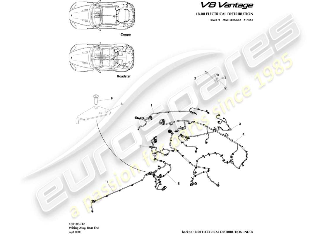 aston martin vantage gt8 (2017) teilediagramm für den hinteren kabelbaum