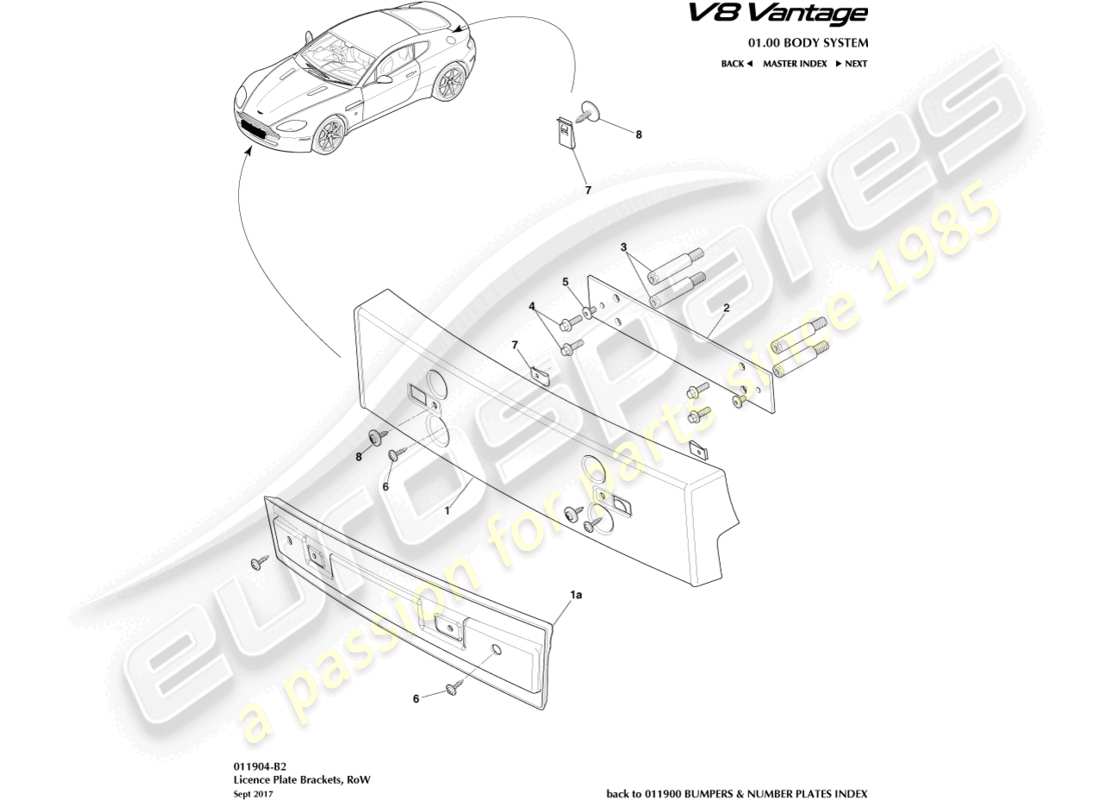 aston martin v8 vantage (2018) nummernschildhalterungen, row-teilediagramm