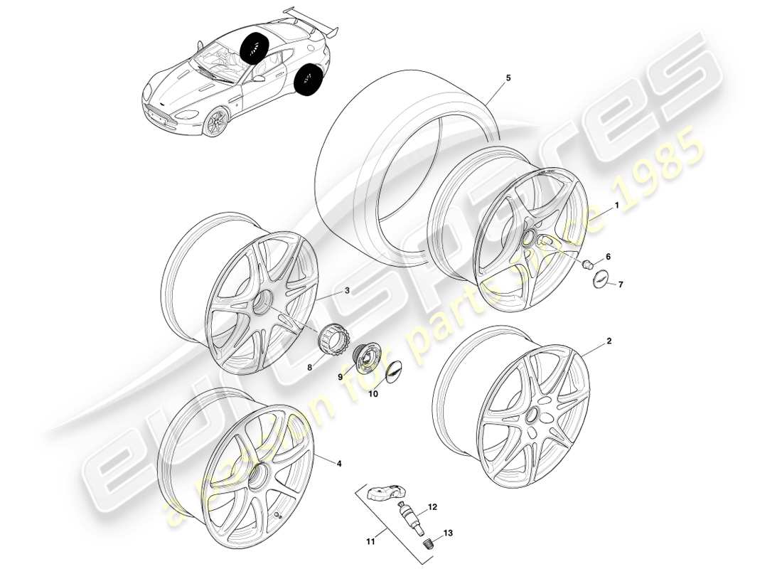 aston martin v8 vantage (2005) hinterräder und reifen, gt8 ersatzteildiagramm
