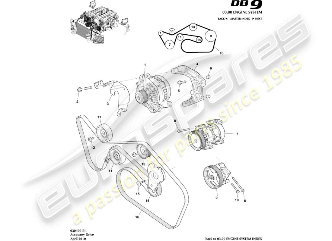 aston martin db9 (2010) teilediagramm für zusatzantrieb