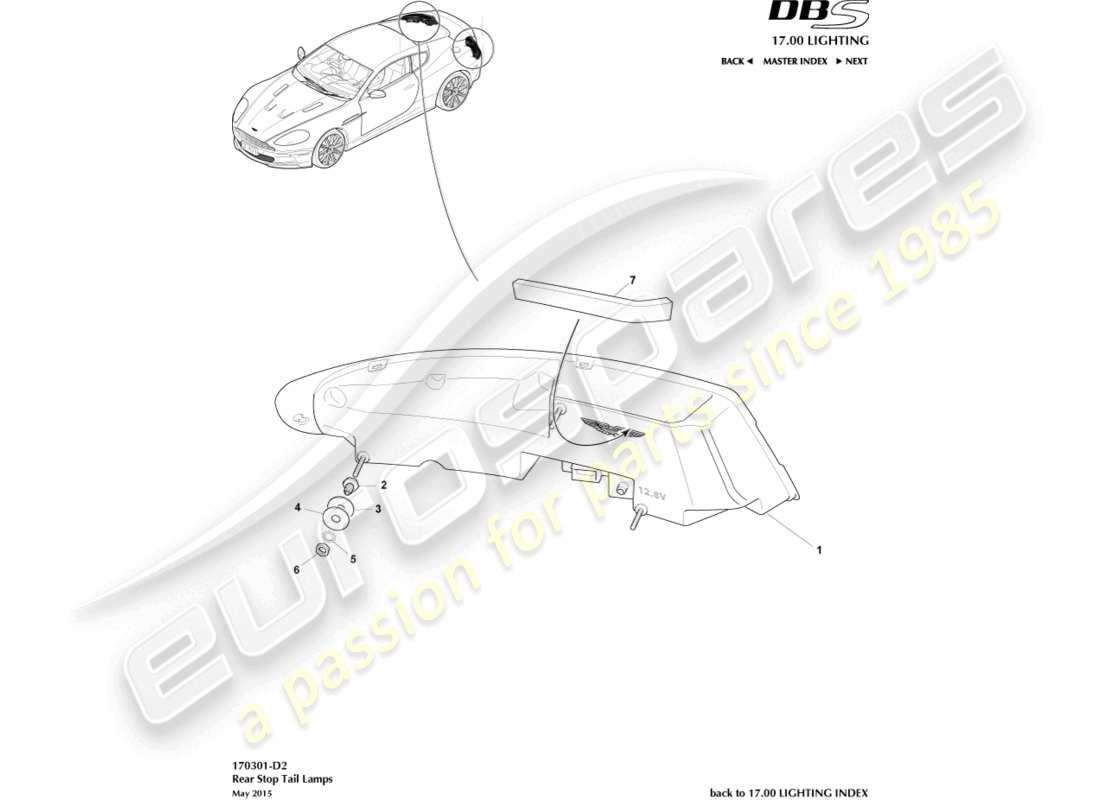 aston martin dbs (2011) teilediagramm für rückleuchten