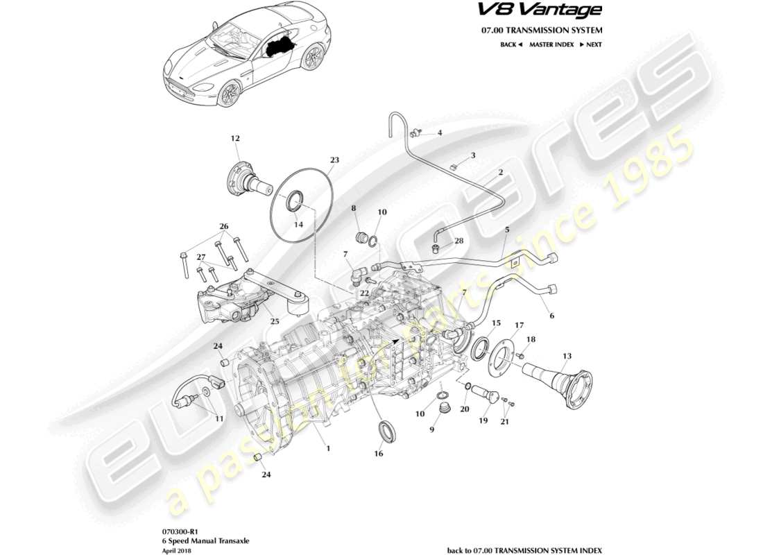 aston martin v8 vantage (2018) transaxle, manuell, 6 spd ersatzteildiagramm