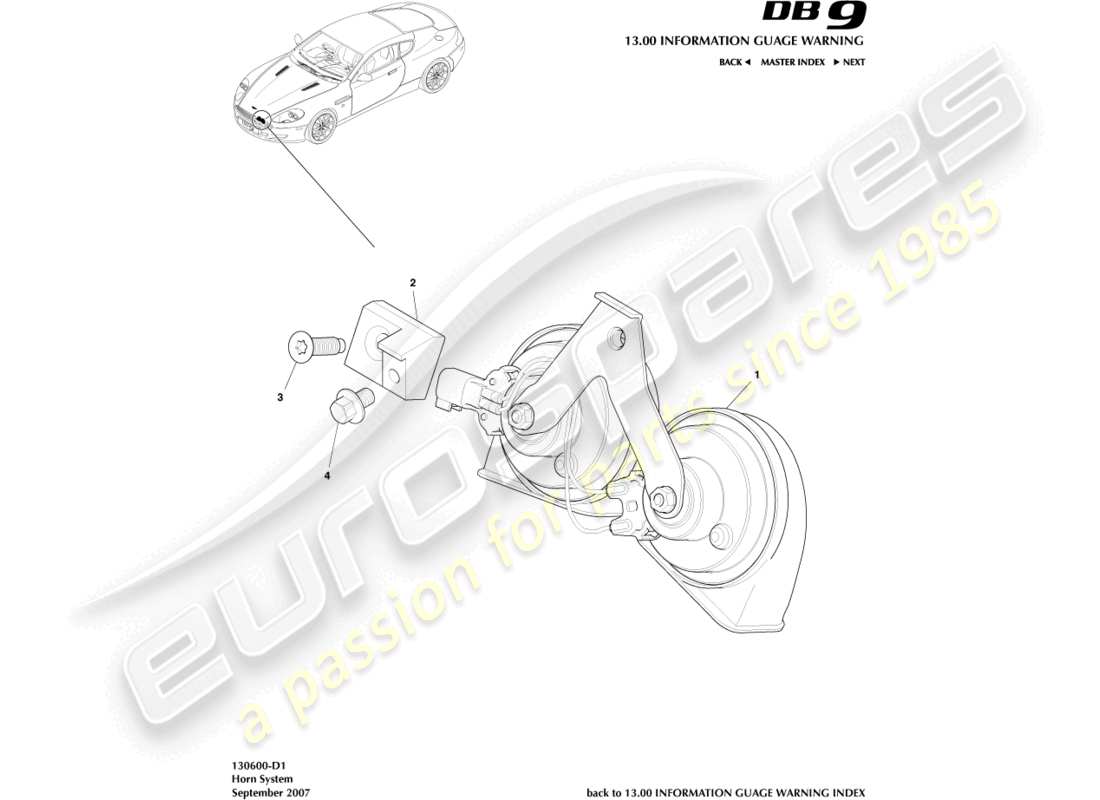 aston martin db9 (2007) teilediagramm des hupensystems