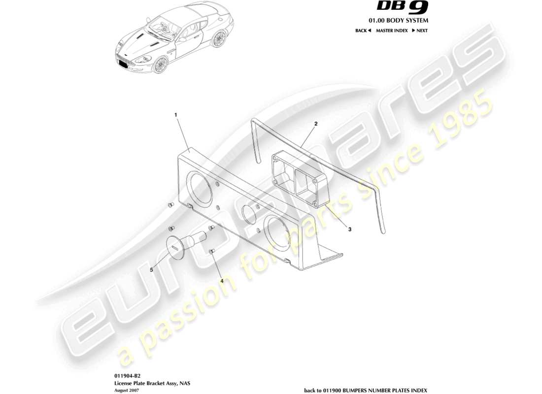 aston martin db9 (2012) nummernschildhalterungen, nas-teilediagramm