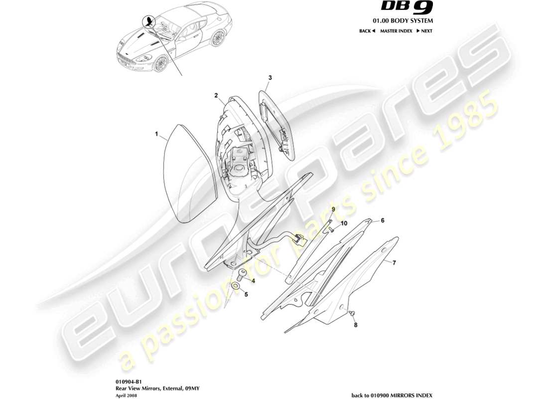 aston martin db9 (2005) außenrückspiegel 09my ersatzteildiagramm