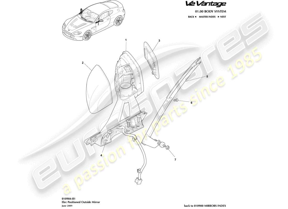 aston martin v12 vantage (2010) teilediagramm für außenrückspiegel