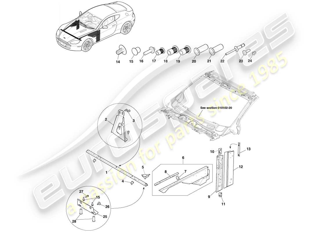 aston martin v8 vantage (2005) teilediagramm für a-säule und kotflügelschienen