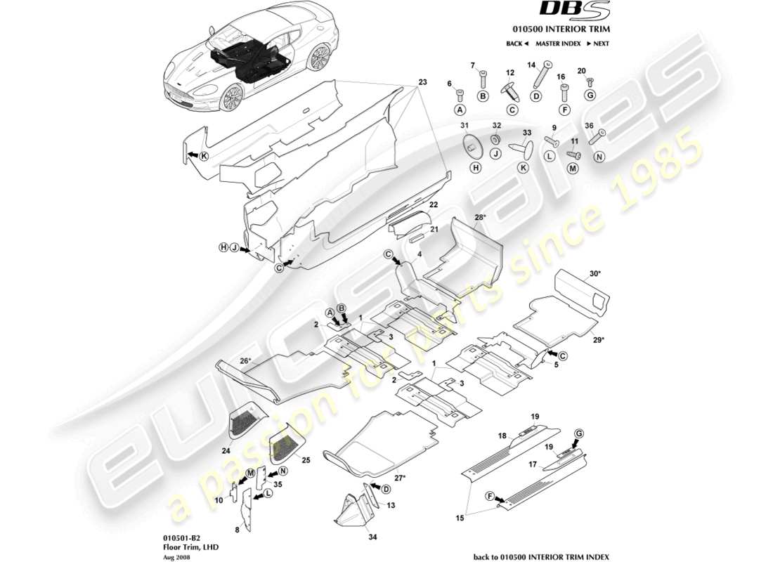 aston martin dbs (2010) bodenverkleidung, lhd-ersatzteildiagramm