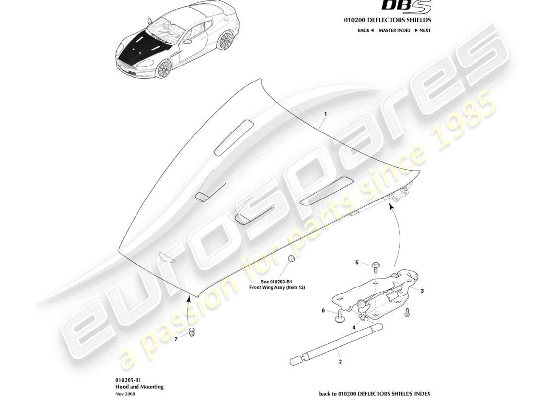 aston martin dbs (2010) motorhauben- und befestigungsteildiagramm