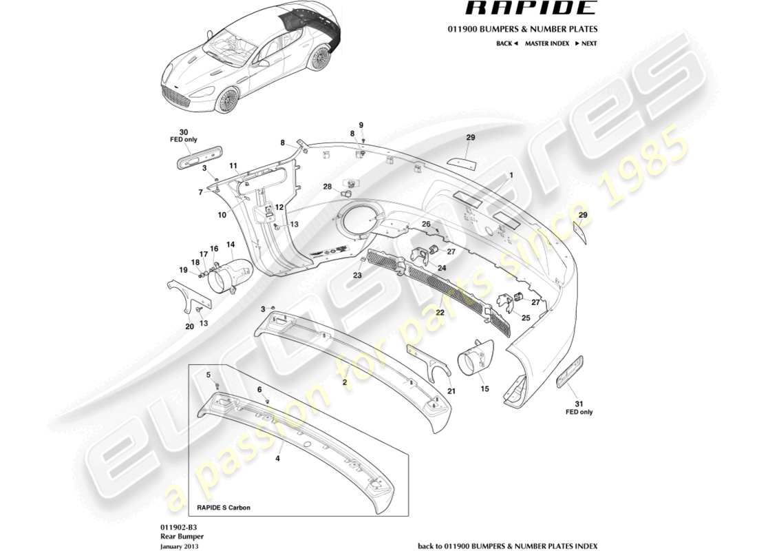 aston martin rapide (2017) hintere stoßstange teilediagramm