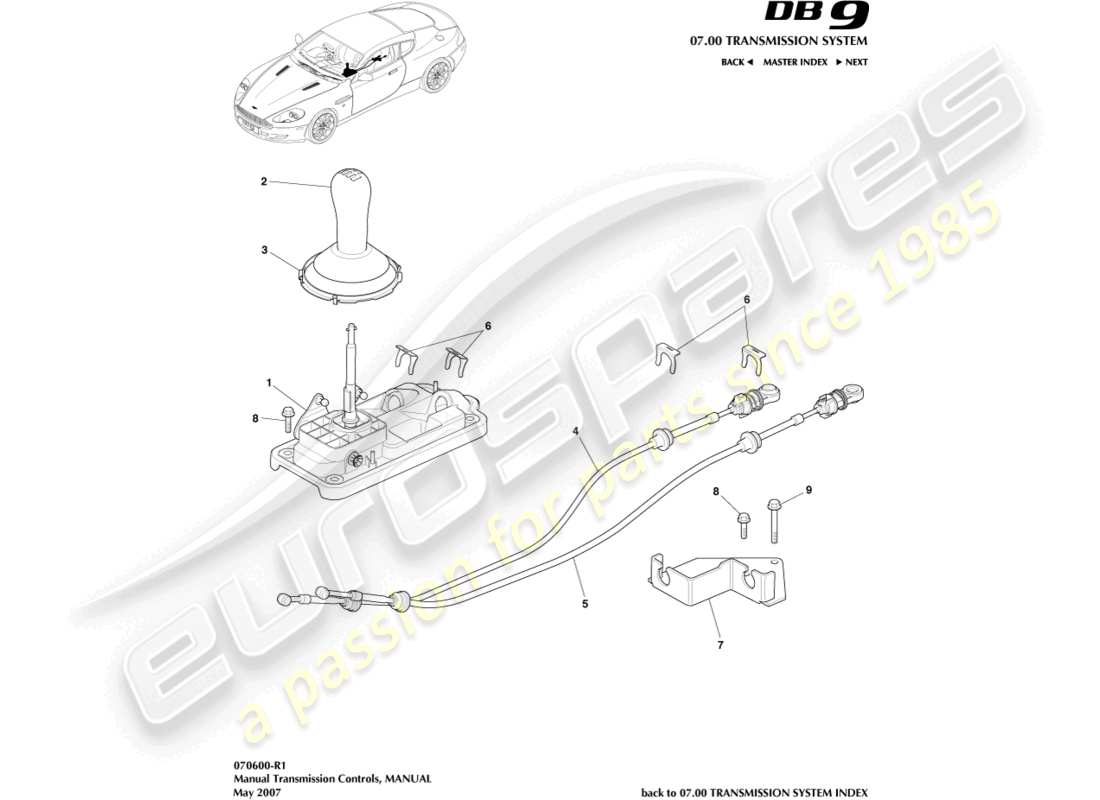 aston martin db9 (2010) schalthebelbaugruppe, manuelles teilediagramm