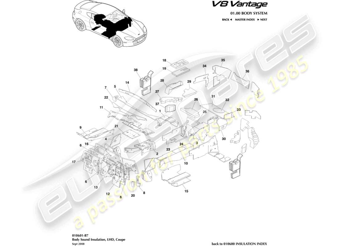 aston martin v8 vantage (2009) karosserieisolierung, lhd-teilediagramm