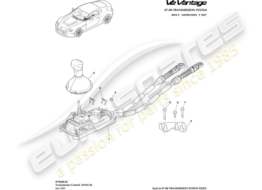 aston martin v12 vantage (2010) schalthebelbaugruppe, manuelles teilediagramm