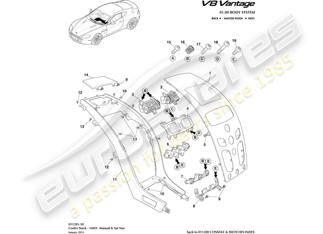 aston martin v8 vantage (2010) mittelkonsole, manuell, 16my ersatzteildiagramm