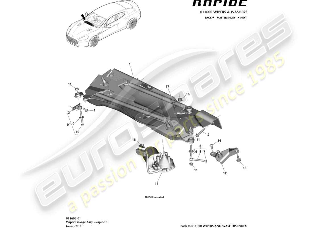 aston martin rapide (2018) wischergestänge, s-teilediagramm