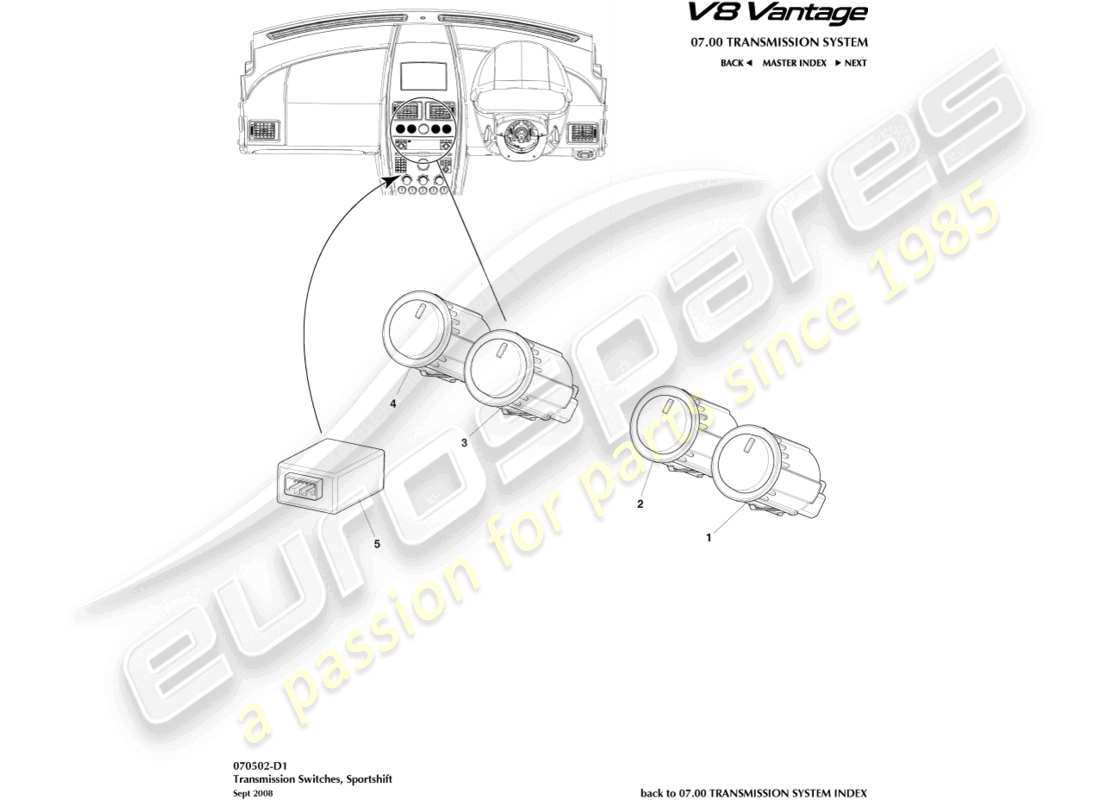 aston martin v8 vantage (2010) teilediagramm für getriebeschalter