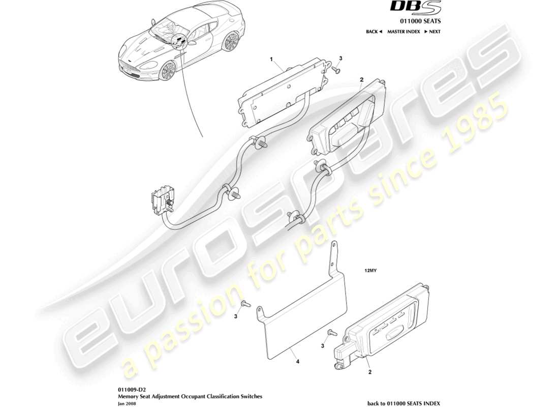aston martin dbs (2008) teilediagramm zur vordersitzeinstellung
