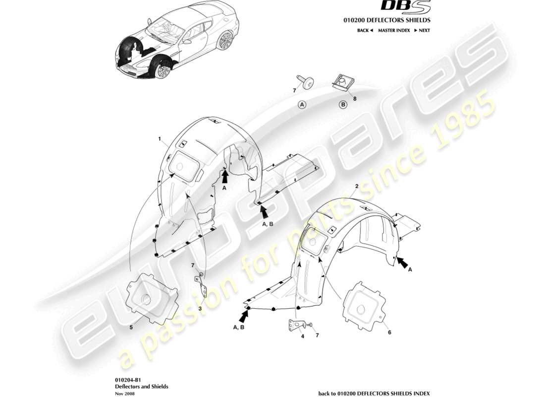 aston martin dbs (2009) teilediagramm für vordere radkästen