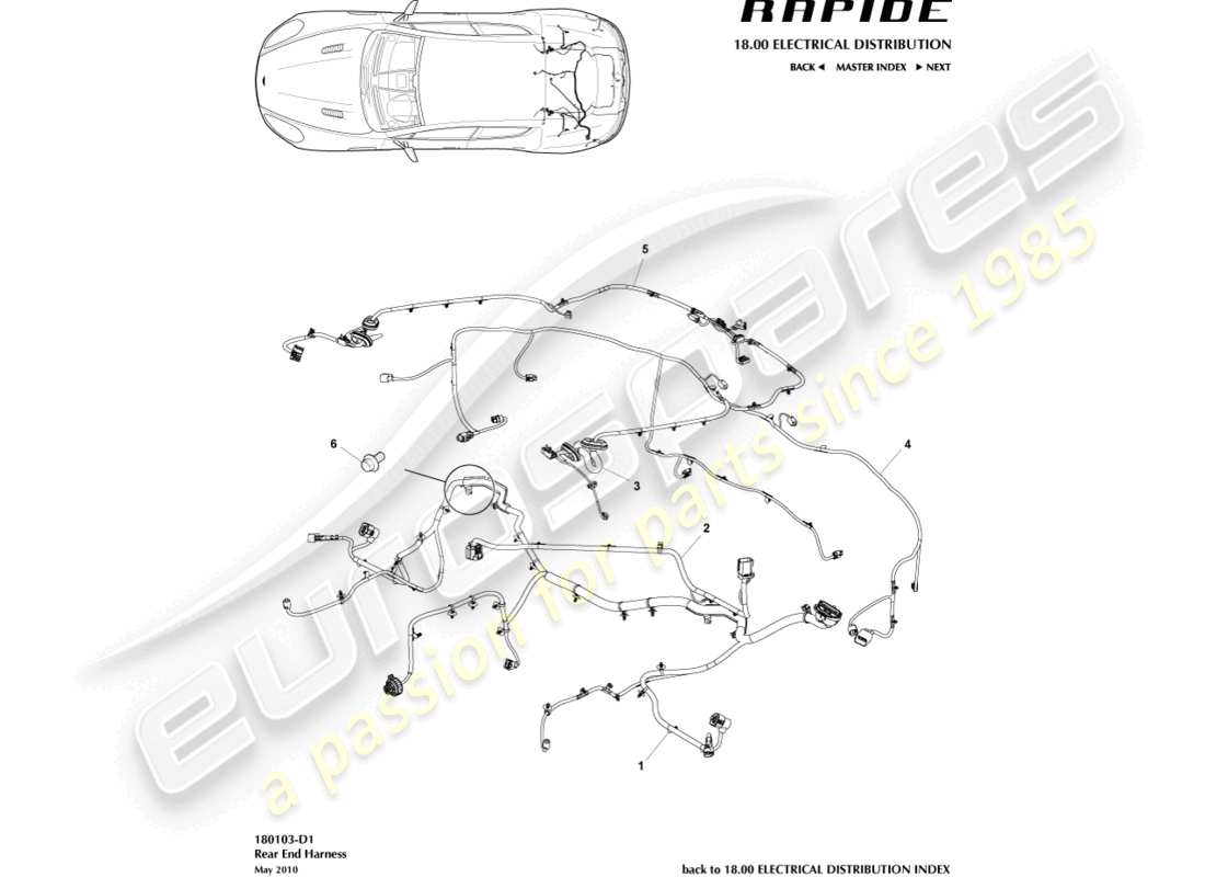 aston martin rapide (2016) teilediagramm für den hinteren kabelbaum
