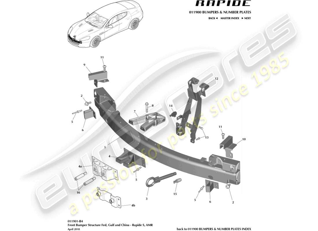 aston martin rapide (2019) vordere stoßfängerstruktur, s fed, gcc, china, teilediagramm