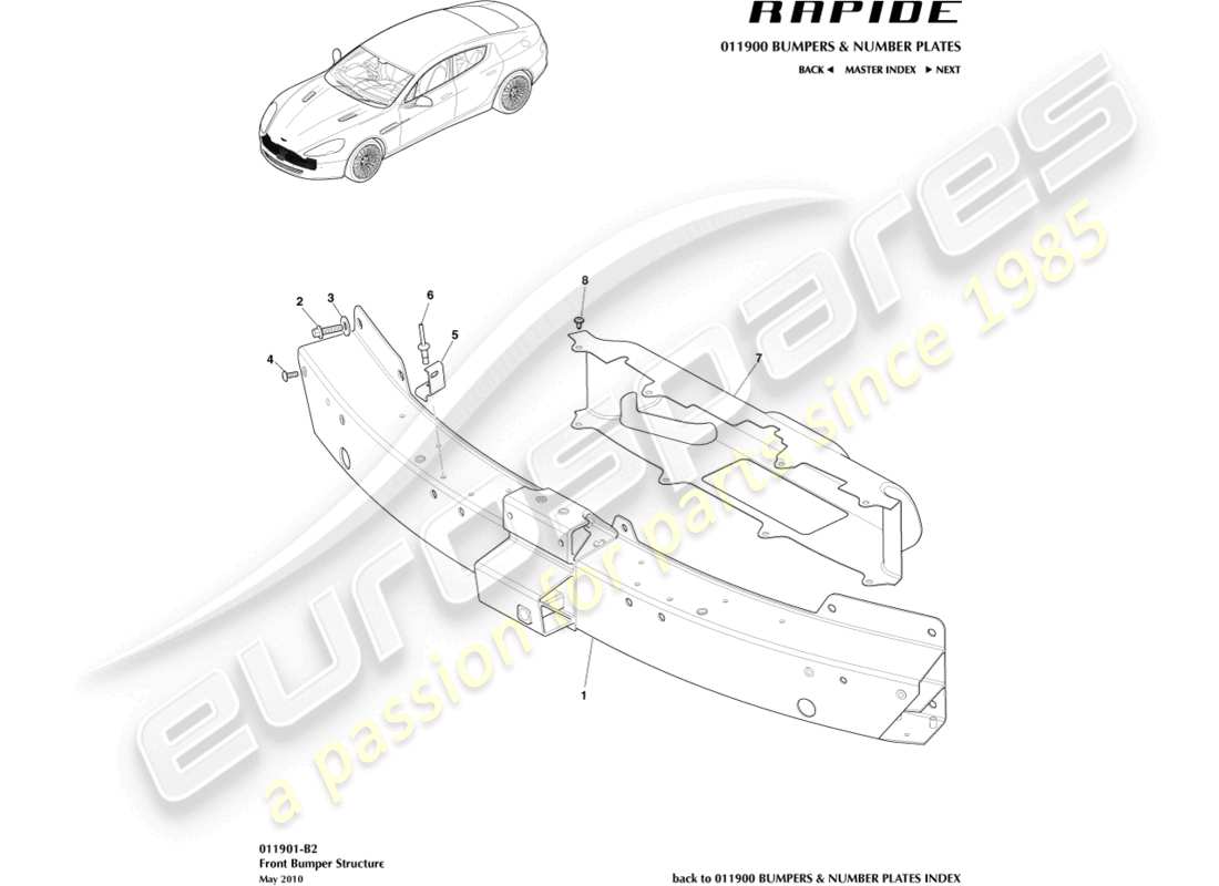 aston martin rapide (2011) teilediagramm der frontstoßstangenstruktur