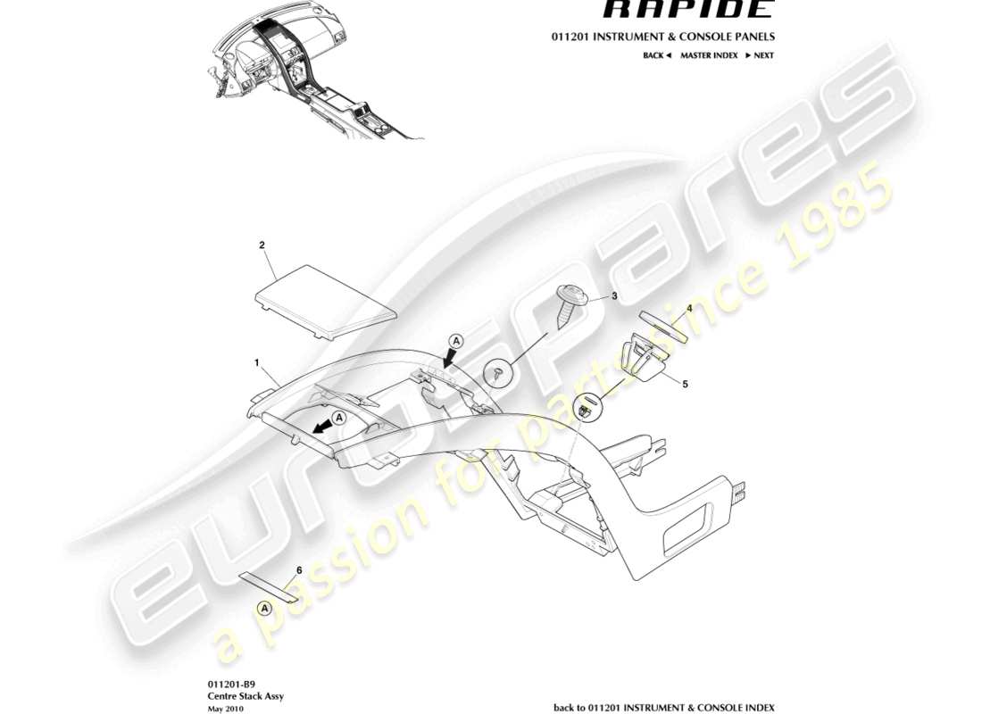 aston martin rapide (2011) teilediagramm für die mittelkonsolenform