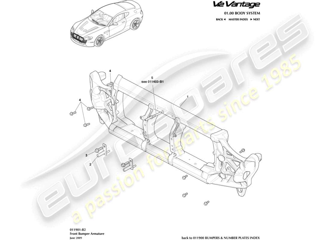aston martin v12 vantage (2010) teilediagramm für die vordere stoßstangenarmatur