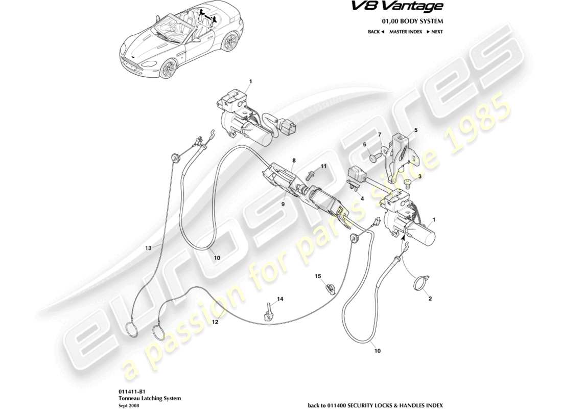 aston martin v8 vantage (2010) teilediagramm des tonneau-verriegelungssystems