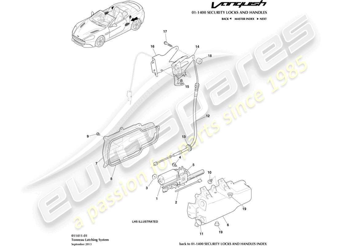 aston martin vanquish (2018) tonneau-verschlüsse teilediagramm