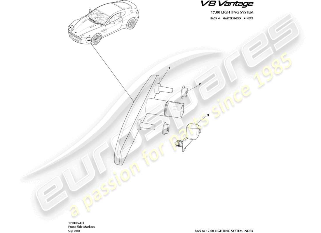 aston martin v8 vantage (2013) teilediagramm für vordere seitenmarkierungen