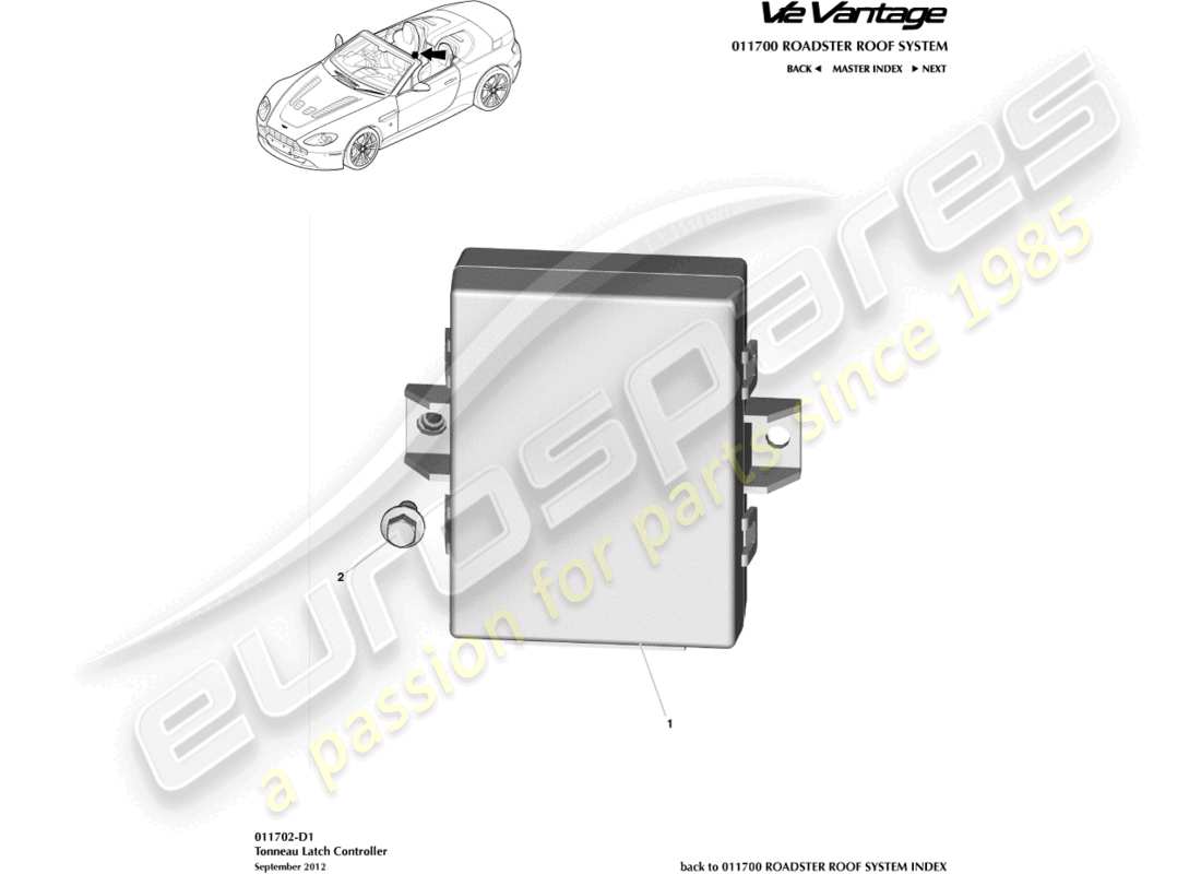 aston martin v12 vantage (2013) teilediagramm für tonneau-verriegelungssteuerung